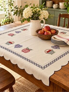 Vintage Linen Tablecloth Embroidered Apple Plaid Farmhouse Cottagecore Kitchen
